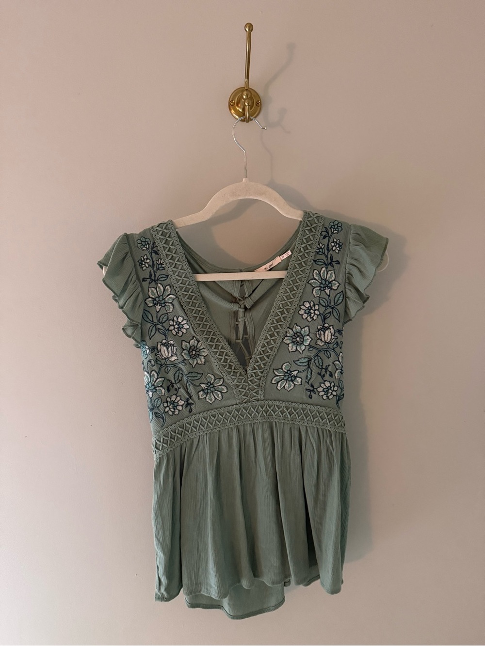 Embroidered Sage Green Women's V-Neck Top
